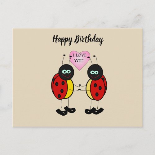 Ladybugs together holding hands in love postcard