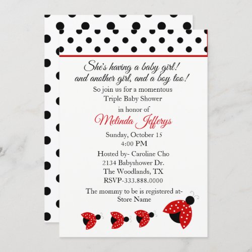 Ladybugs Triplets Baby Shower Invitation