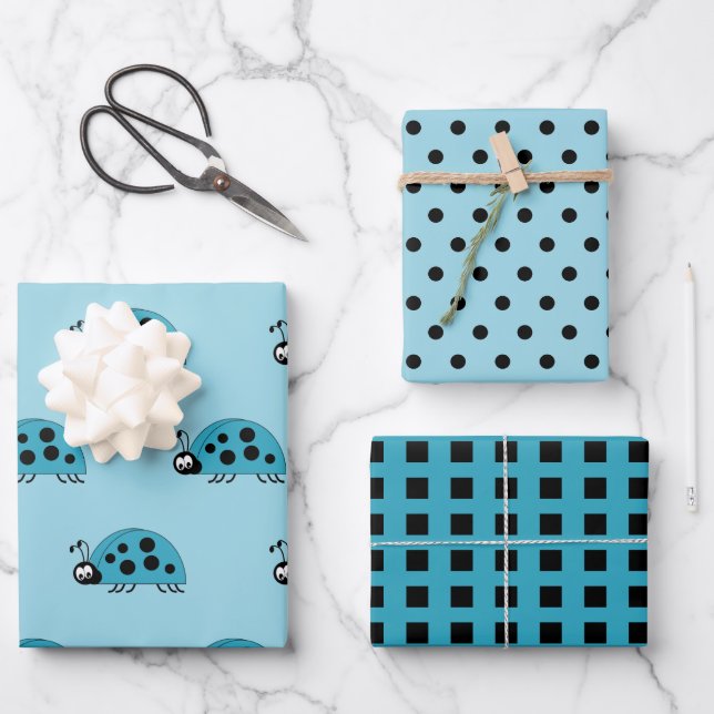 Ladybugs turquoise and black dots and squares wrapping paper sheets (Front)