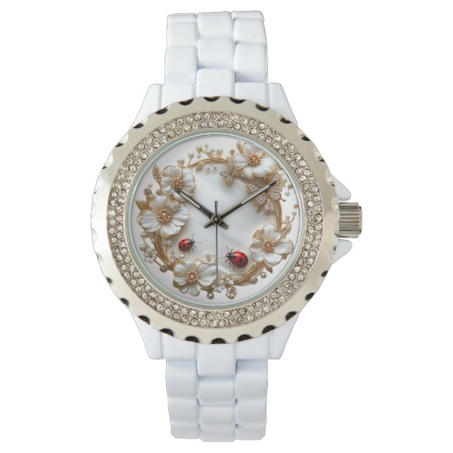  Ladybugs White Flowers Diamond Butterfly Watch (Front)