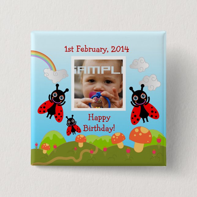Ladybugs wishing happy birthday with photo pinback button (Front)