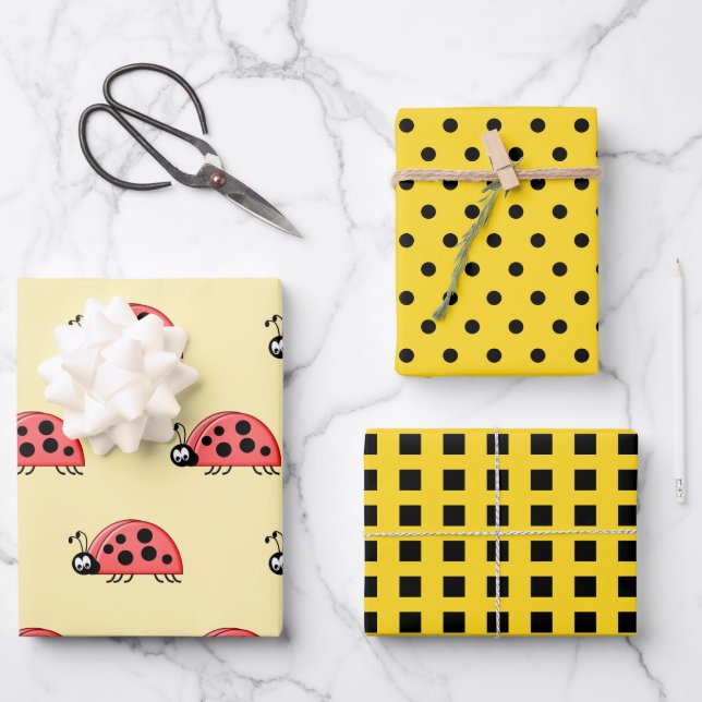 Ladybugs yellow and black dots and squares wrapping paper sheets (Front)