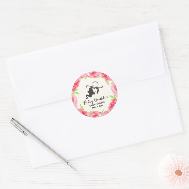 Lady's Hat and Roses Derby Bridal Shower Classic Round Sticker (Envelope)