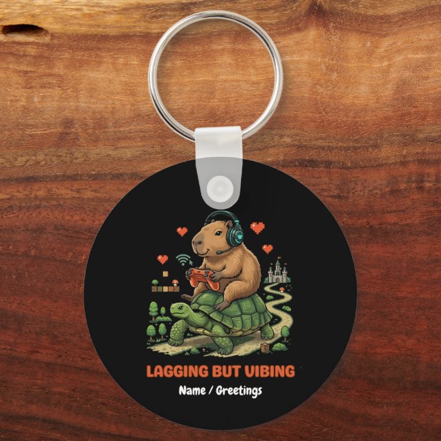 Lagging But Vibing Funny Capybara & Turtle Gamer  Keychain (Front)