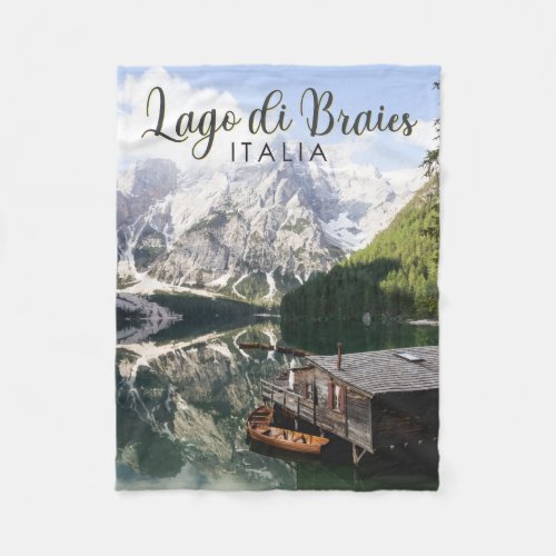 Lago di Braies Italy Travel Art Vintage  Fleece Blanket