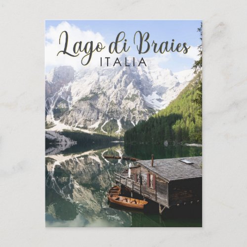 Lago di Braies Italy Travel Art Vintage Postcard