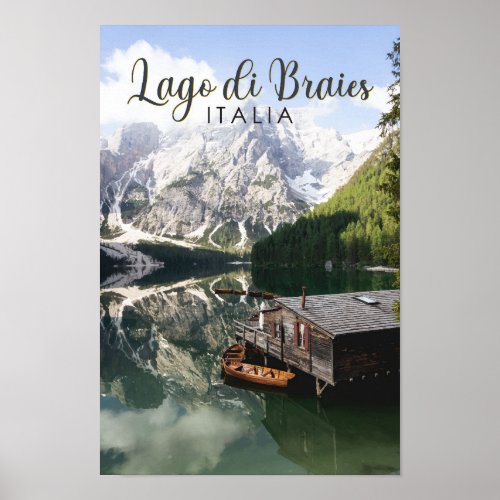 Lago di Braies Italy Travel Art Vintage  Poster