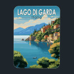 Lago di Garda Italia Travel Art Vintage Magnet<br><div class="desc">Lake Garda vector art design. Lake Garda,  in northern Italy,  is known for its crystal clear water. At the south end,  the town of Sirmione is dominated by the Rocca Scaligera,  a fortress with harbor views.</div>