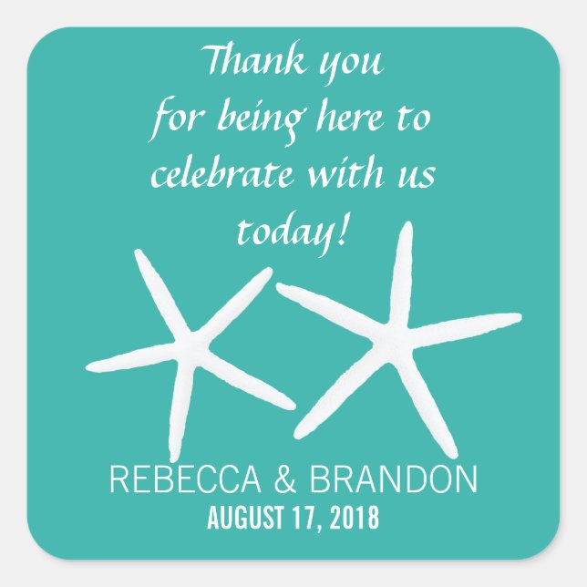 Lagoon Blue Starfish Square Wedding Favor Label (Front)