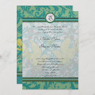 Lagoon Endive Vintage Birds Damask Gray Wedding Invitation