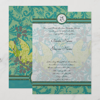 Lagoon Endive Vintage Birds Damask Gray Wedding Invitation