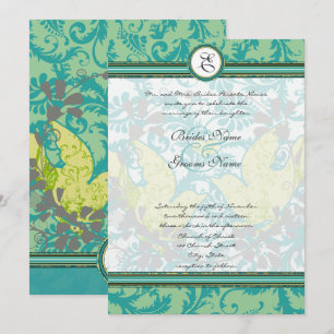 Lagoon Endive Vintage Love Birds Damask Wedding Invitation