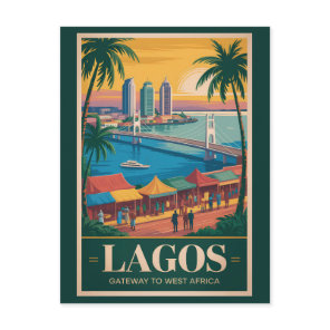 Lagos Nigeria Illustration Travel Art Vintage Postcard