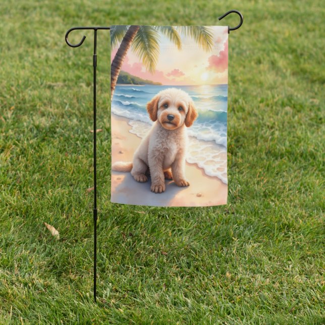 Lagotto Romagnolo Beach Sunset Garden Flag (In SItu)