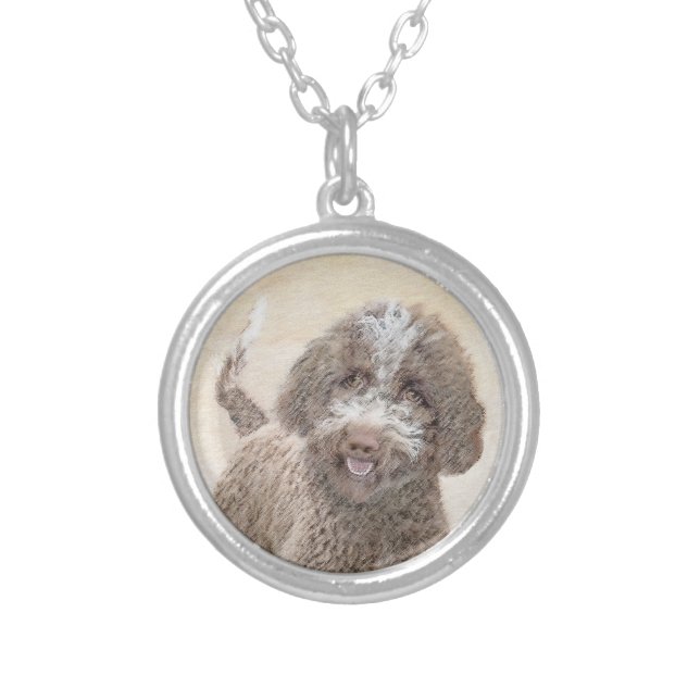 Lagotto Romagnolo Painting - Cute Original Dog Art Silver Plated Necklace (Front)