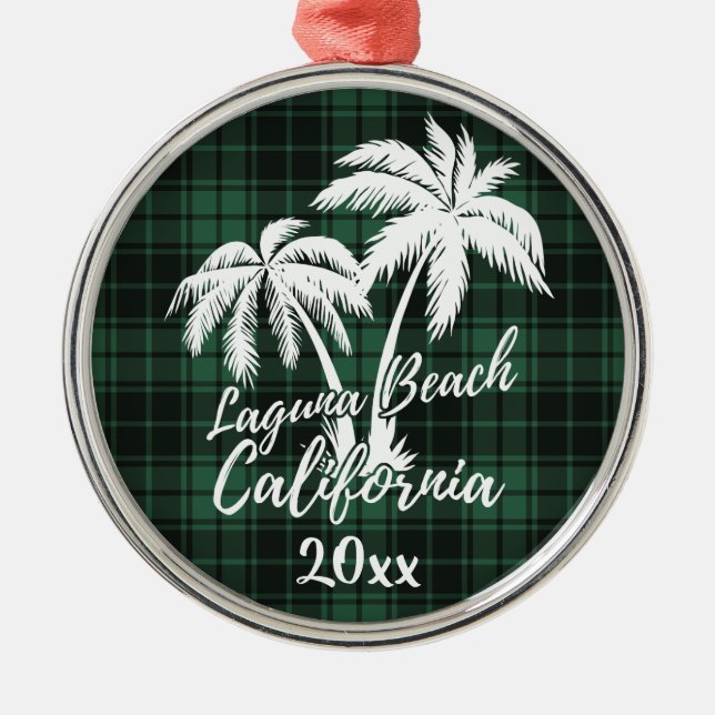 Laguna Beach California Palm Tree Green Plaid Metal Ornament (Front)
