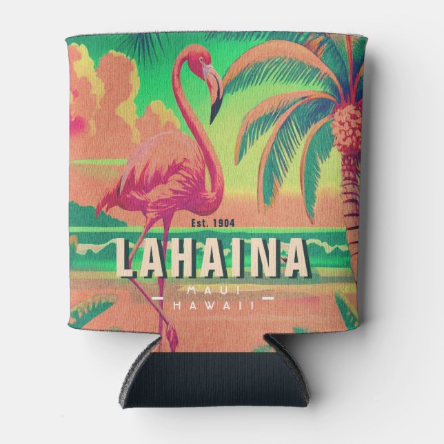 Lahaina Maui Hawaii Retro Flamingo Souvenir 1950s Can Cooler (Front)