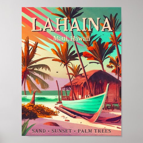 Lahaina Maui Hawaii tropical sunset palm tree 60s Poster