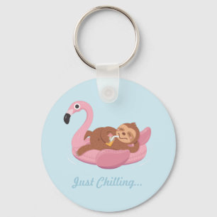 Laid Back Lazy Sloth Pink Flamingo Float Keychain