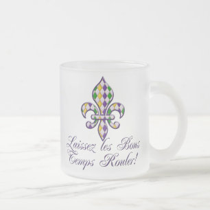 Laissez les Bons Temps Rouler Mardi Gras Fleur d2 Frosted Glass Coffee Mug