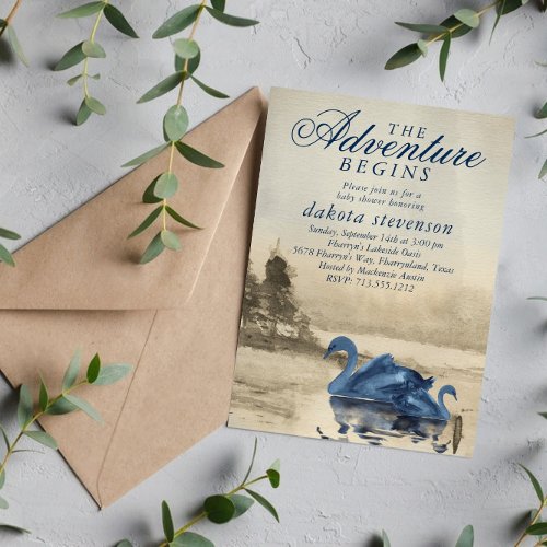 Lake Adventure Begins  Brown and Navy Baby Shower Invitation