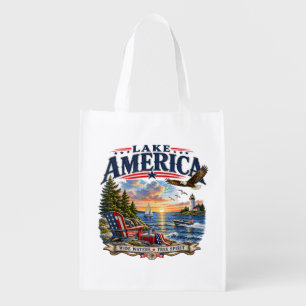 Lake America Sunset Patriotic Eagle Grocery Bag