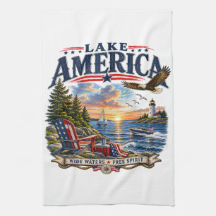 Lake America Sunset Patriotic Eagle Kitchen Towel