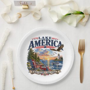 Lake America Sunset Patriotic Eagle Paper Plates
