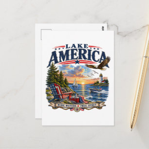 Lake America Sunset Patriotic Eagle Postcard