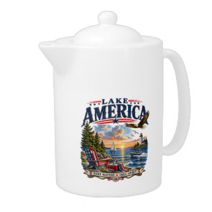 Lake America Sunset Patriotic Eagle Teapot