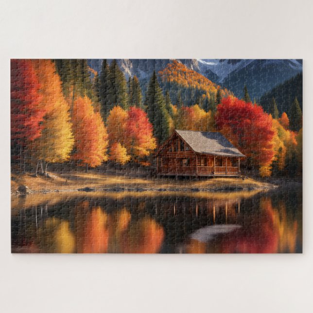 Lake and Cabin with Autumn Trees Jigsaw Puzzle (Horizontal)