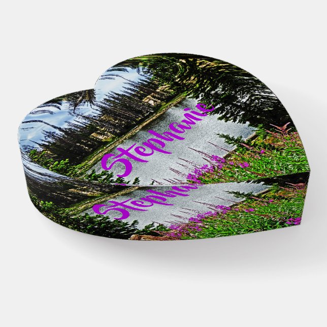 Lake and Deep Pink Wildflowers Floral Heart Glass Paperweight (Angled)