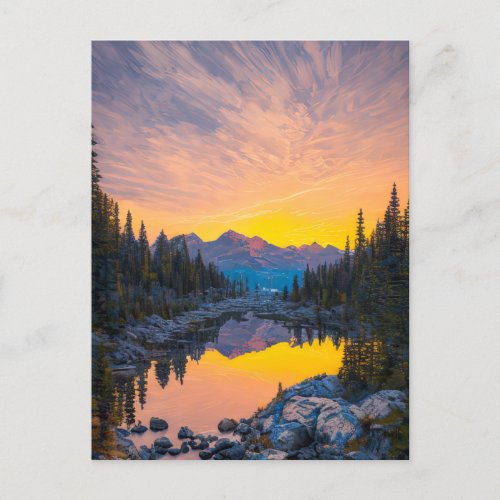 Lake and Pine Forest Basking in Golden Sunset Postcard