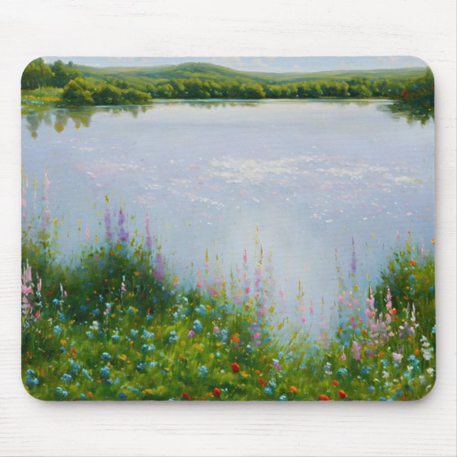 Lake and Wildflowers Whimsical Art Mouse Pad (Front)