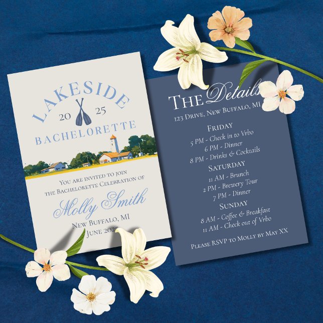 Lake Bachelorette Weekend Blue Nautical Itinerary  Invitation (Lake Weekend invite with modern font – perfect for bachelorettes or bridal celebrations!)