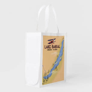 Lake Baikal Siberia Russian travel poster Map Grocery Bag