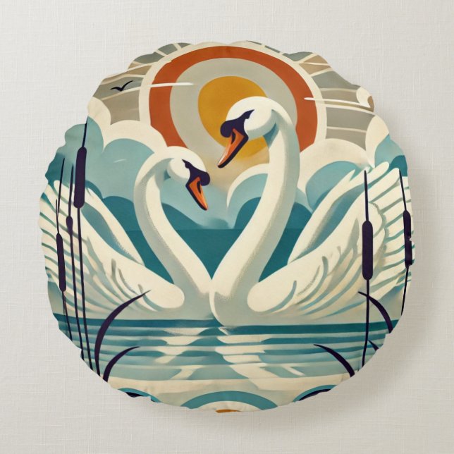 Lake Balaton  with swans  - retro style     Round Pillow (Front)