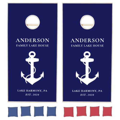 Lake Beach House Anchor Family Name Navy Blue Cornhole Set