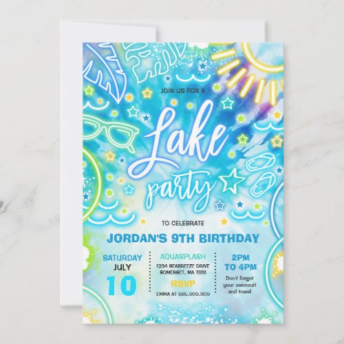 Lake Birthday Party Slide Splash Pad Tie Dye Glow Invitation