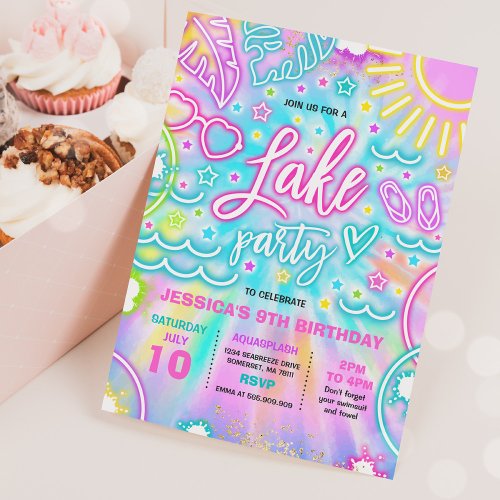 Lake Birthday Party Slide Splash Pad Tie Dye Glow Invitation