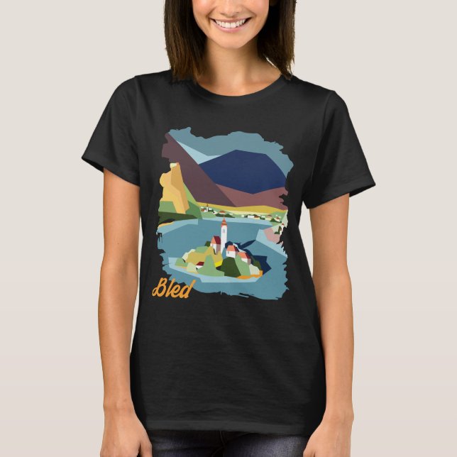 Lake Bled Island Mountain Retro Travel T-Shirt (Front)