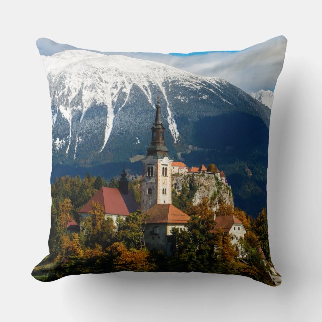 Lake Bled landscape in autumn Throw Pillow (Front)