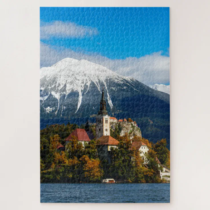 Lake Bled landscape with church and autumn trees Jigsaw Puzzle | Zazzle