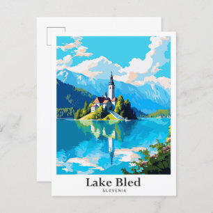 Lake Bled Slovenia Art Vintage Travel Illustration Postcard