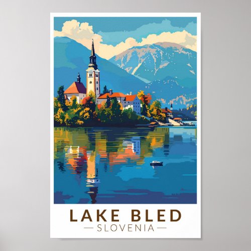 Lake Bled Slovenia Travel Art Vintage Poster