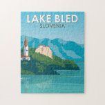 Lake Bled Slovenia Travel Retro Travel Art Vintage Jigsaw Puzzle<br><div class="desc">Lake Bled vector art design. Lake Bled is a lake in the Julian Alps of the Upper Carniolan region of northwestern Slovenia,  where it adjoins the town of Bled.</div>