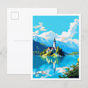Lake Bled Slovenia vintage travel illustration Postcard