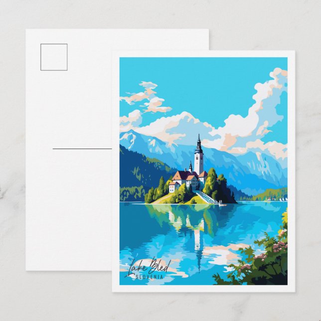 Lake Bled Slovenia vintage travel illustration Postcard (Front/Back)