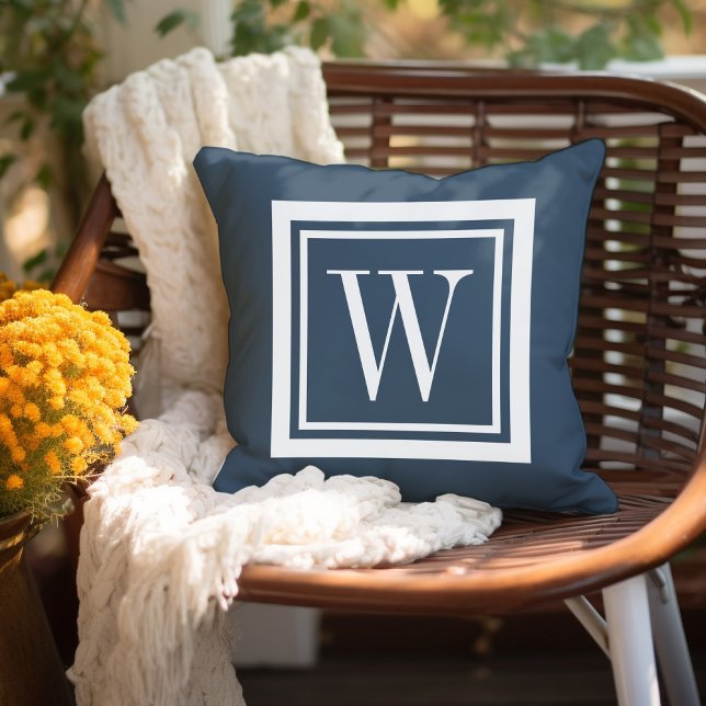 Lake Blue and White Classic Square Monogram Outdoor Pillow (Creator Uploaded)