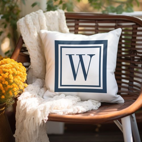 Lake Blue and White Classic Square Monogram Outdoor Pillow